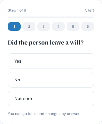 Prob8.ie mobile Probate Plan interface with one touch-friendly decision at a time